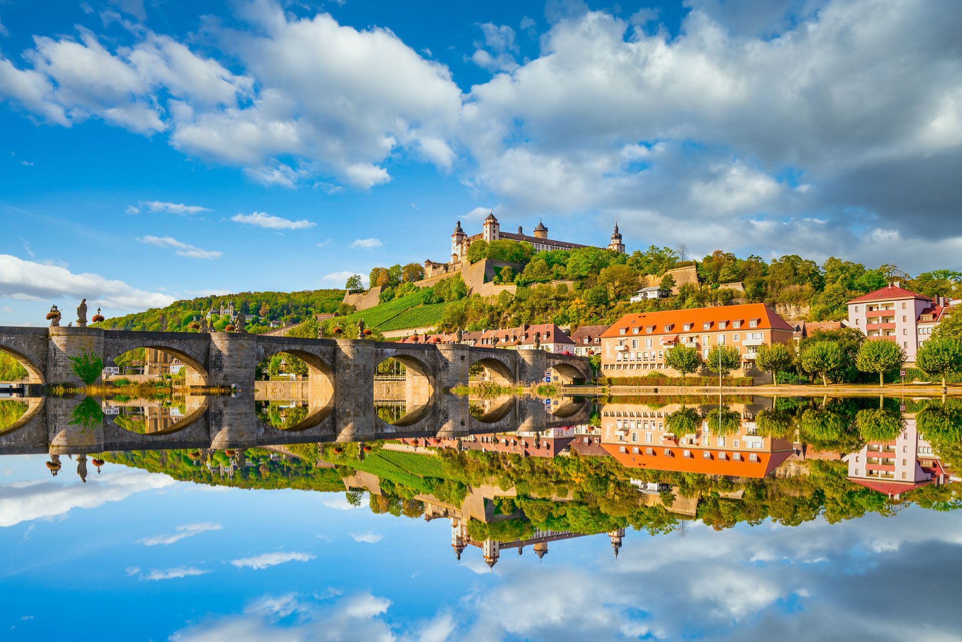 Marienberg Fortress in Wurzburg with  reflection. Germany