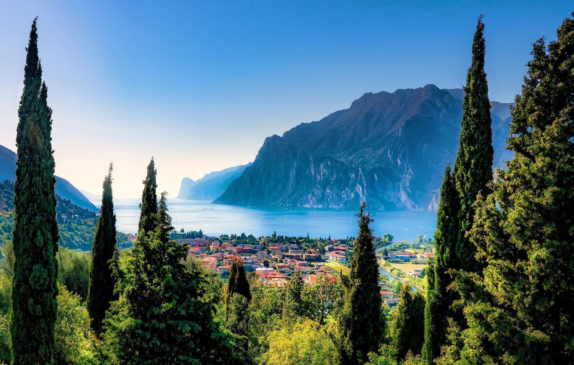 Beautiful aerial view of Torbole, Lake Garda (Lago di Garda) and the mountains, Italy
